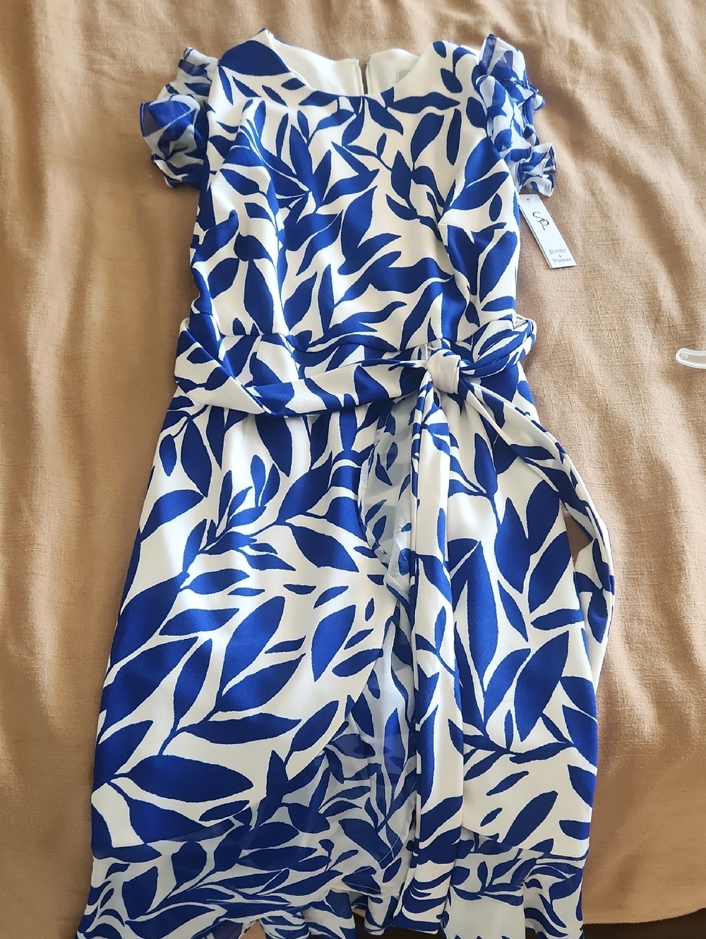 Shelby & Palmer White and Blue Leaf-Print Midi Dress